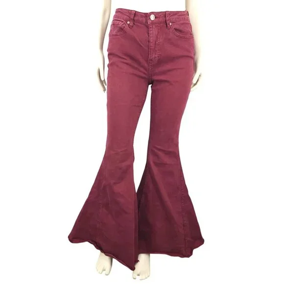 Women's Shyanne Jeans 30 Short 30x32 Maroon Super Flare Bell Bottom Stretch Fray - Picture 2 of 6